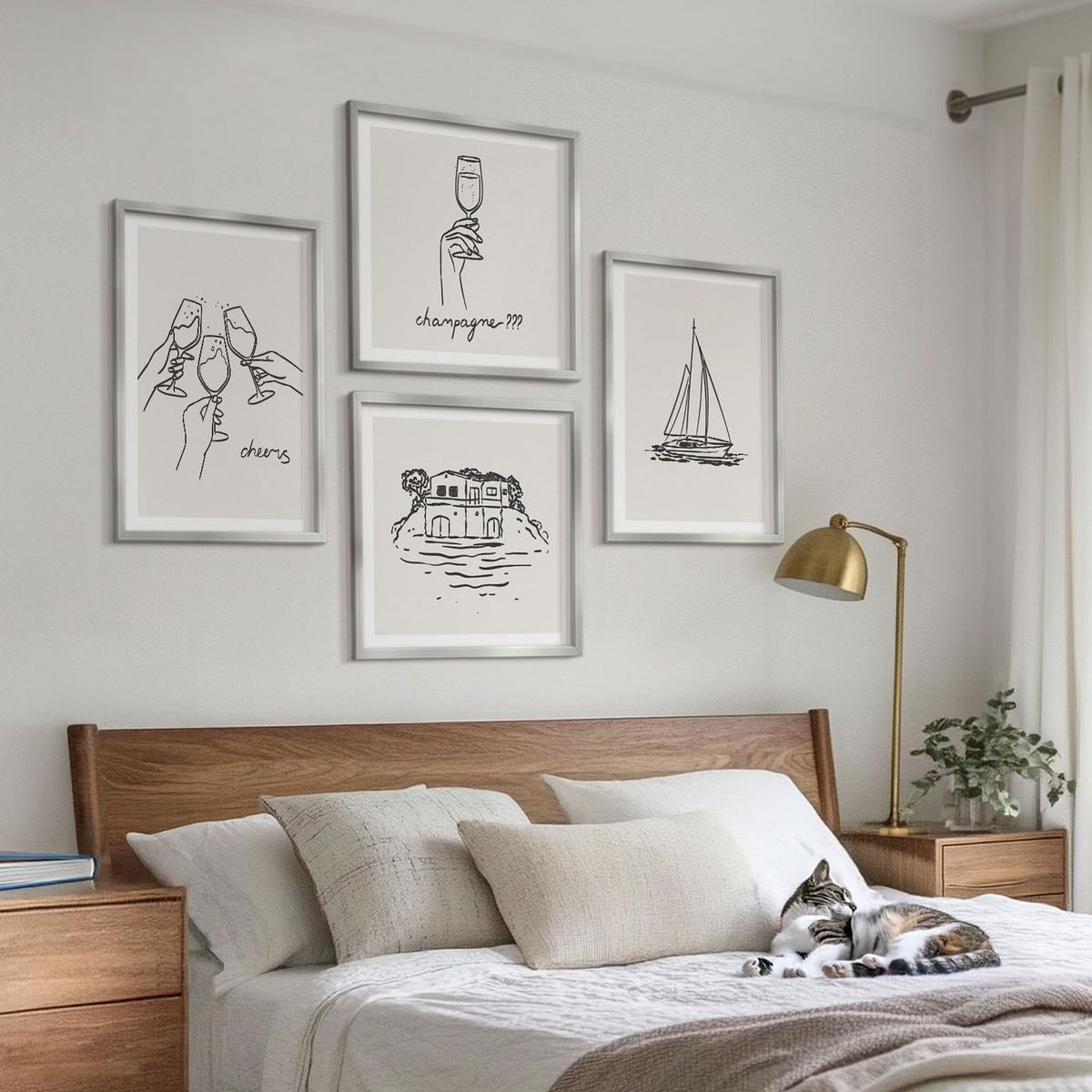 BILDER SET 4er Set - 50x50 cm & 40x60 cm Silberner Rahmen - Haus am Wasser, Toastsegelboot - Silberfarben, Kunststoff (50/50cm) - TULUP
