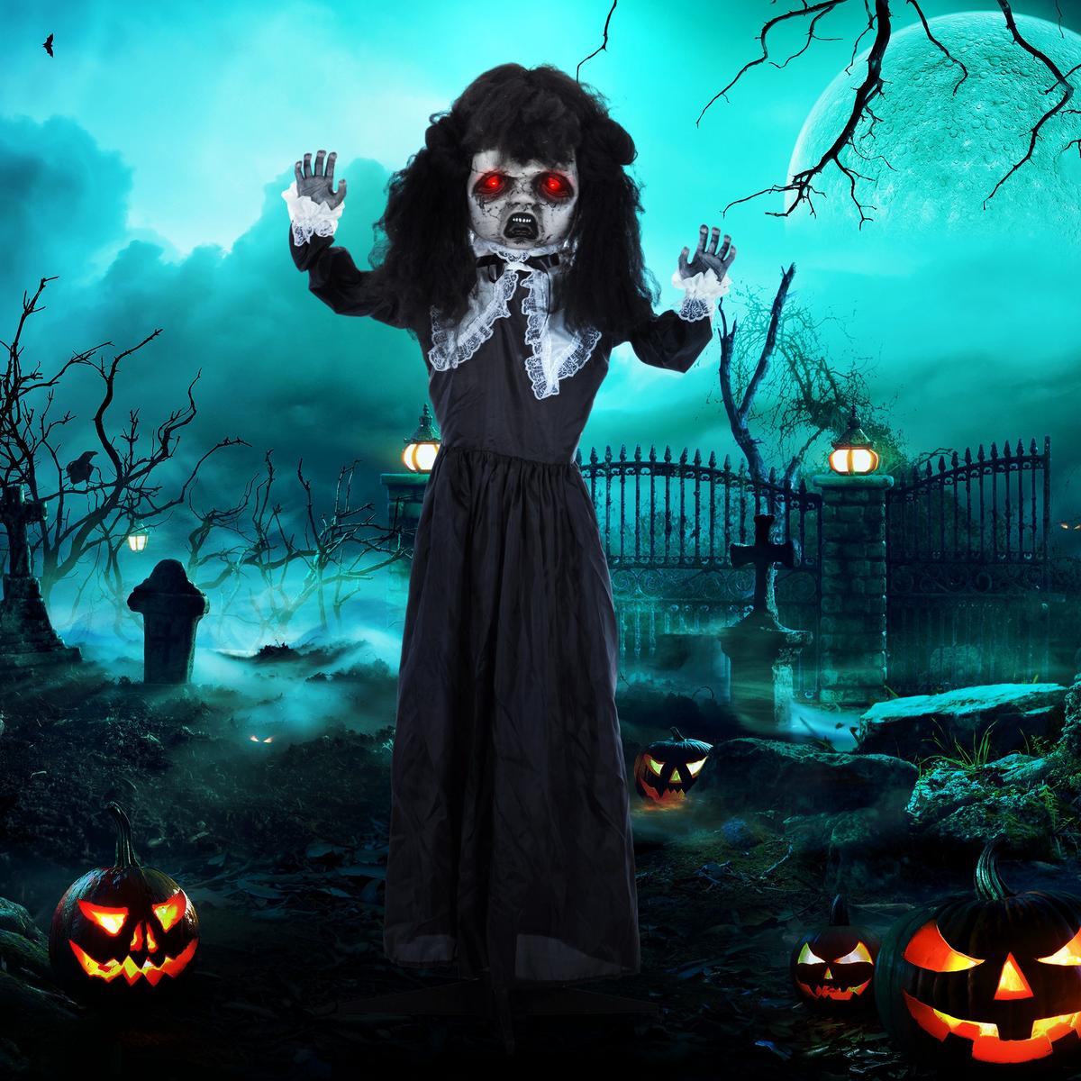 160CM Halloween Dekoration Geisterpuppe mit LED-Lichter, Soundfunktion - Schwarz, Kunststoff (15/160/65cm) - HOMCOM