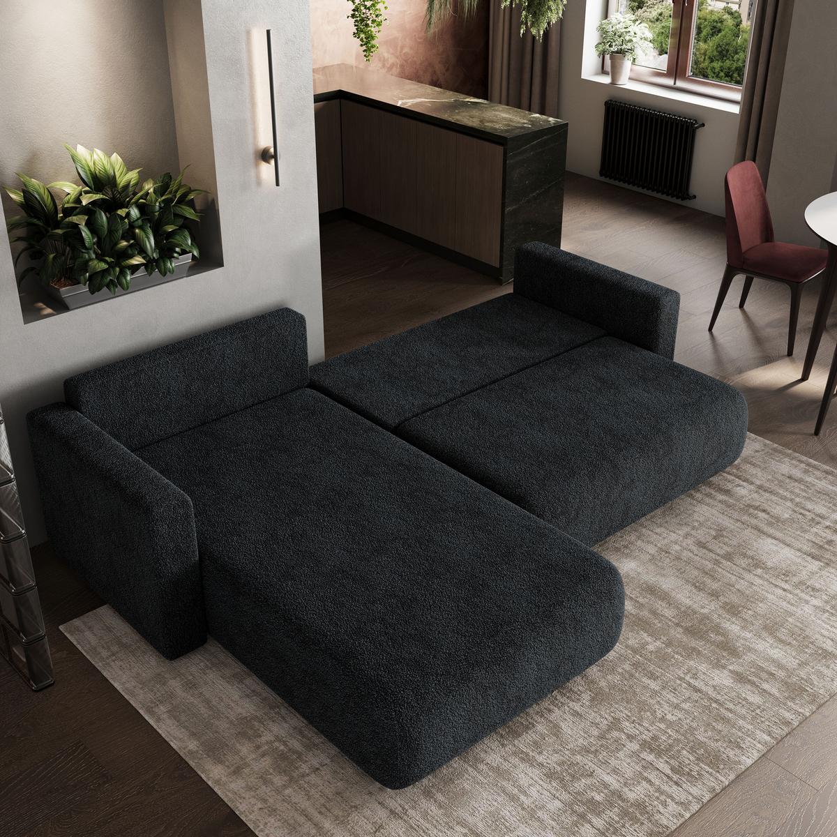 ECKSOFA TURIN N Schwarz Bucle-Stoff mit Schlaffunktion - Schwarz/Grau, Holz/Kunststoff (265/183cm) - MASSENO