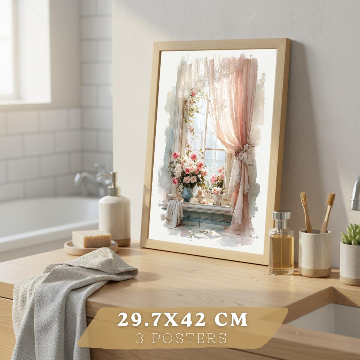 POSTER 3er-Set dekorative Badezimmerdrucke, romantischer Stil, Bilder mit Rosen, Parfums und Fenster, elegante, Wohndekoration Leichter Holzrahmen A3 - Beige, Papier (42/29.7/3cm) - Nacnic