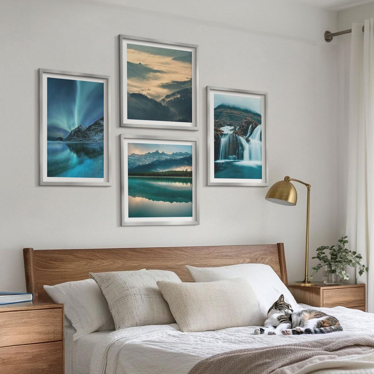 BILDER SET 4er Set - 50x50 cm & 40x60 cm Silberner Rahmen - Winterlandschaften, Wasserfälle, Nordlichter - Silberfarben, Kunststoff (50/50cm) - TULUP