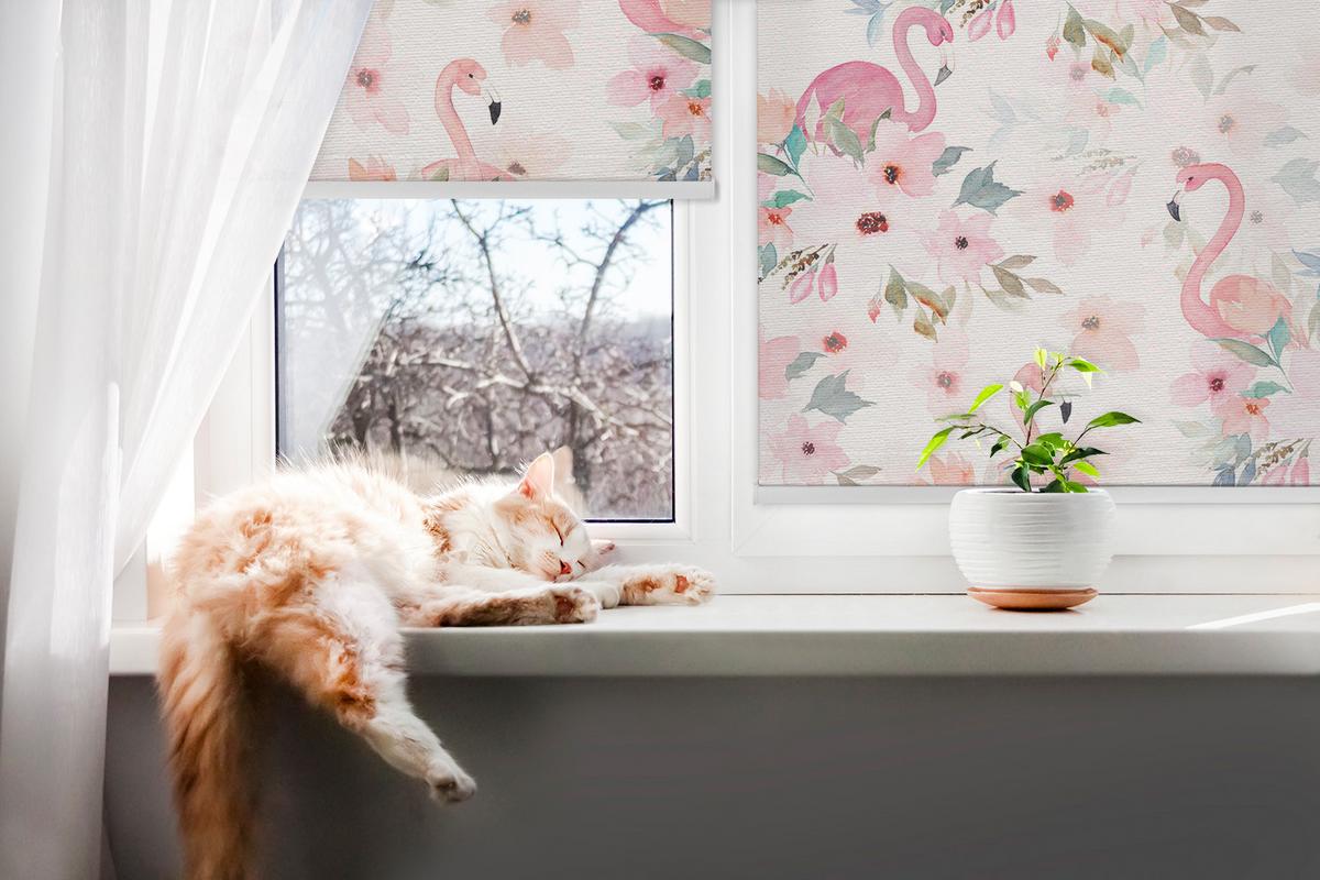 INNENROLLO - Fensterrollo - Rollo - 150x180 cm - Flamingos zwischen den Blumen - Pink, Kunststoff (150/180/0.5cm) - TULUP