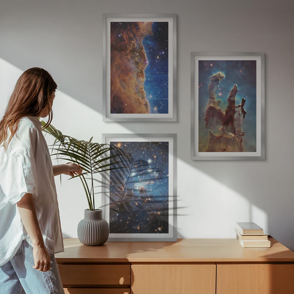 BILDER SET 3er Set - 40x60 cm Silberner Rahmen - Weltraumlandschaften von Galaxien - Silberfarben, Kunststoff (40/60cm) - TULUP