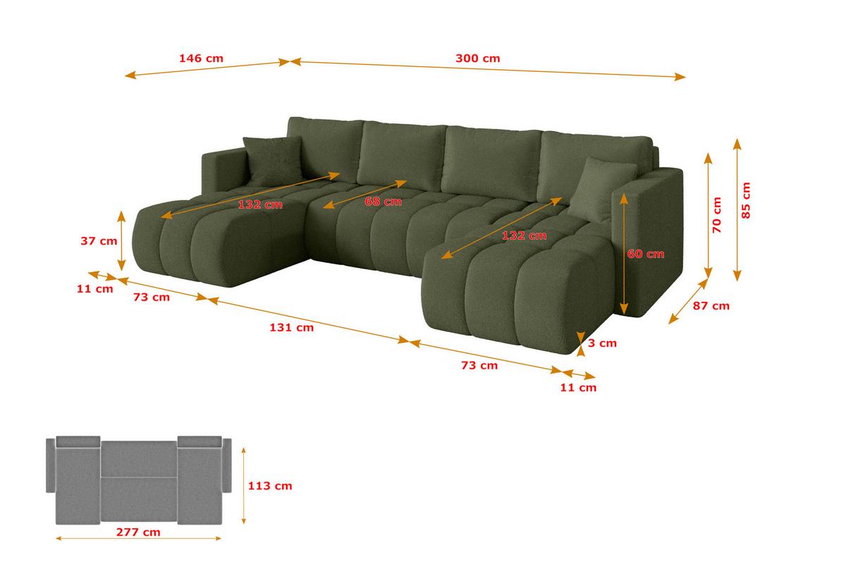 WOHNLANDSCHAFT mit Schlaffunktion und Bettkasten GARD-U 300x146x85 Grün Bouclé - Schwarz/Olivgrün, Holzwerkstoff/Kunststoff (300/85/146cm) - ALTDECOR