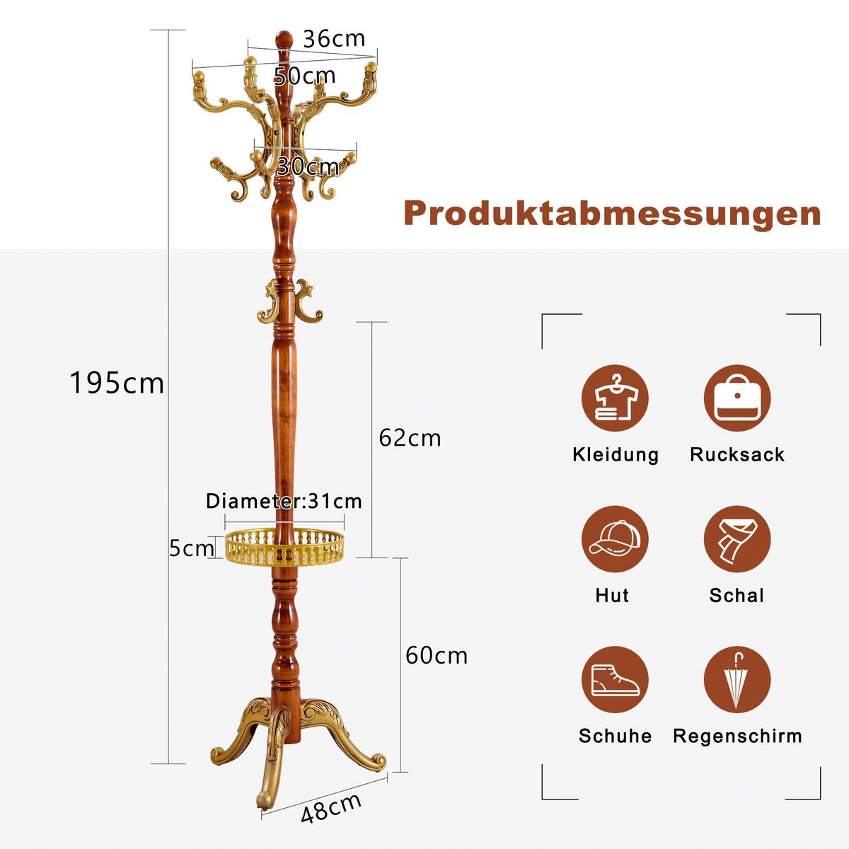 GARDEROBENSTÄNDER massivholz in holz- & gold-optik mit regenschirmhalter und mehrstöckigen haken - Eichefarben, Holz (50/195/50cm) - Urban Meuble
