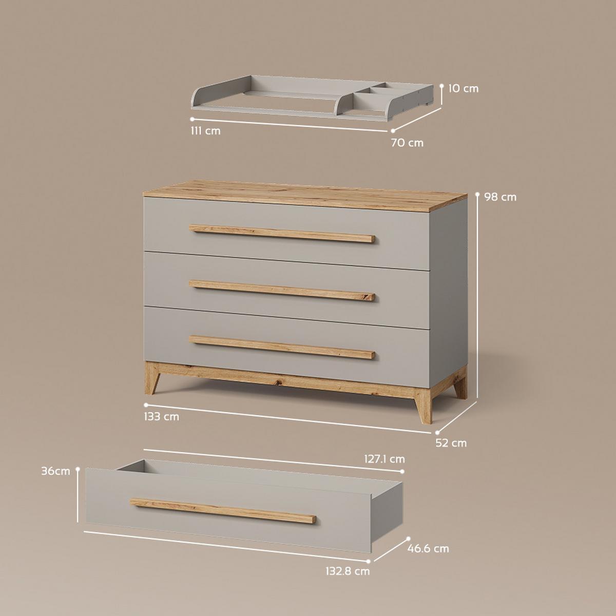 WICKELKOMMODE Mailo Cashmere/Artisan XL mit 3 Schubladen - Kaschmir/Eiche Artisan, Holzwerkstoff (133/98/70cm) - Livinity®
