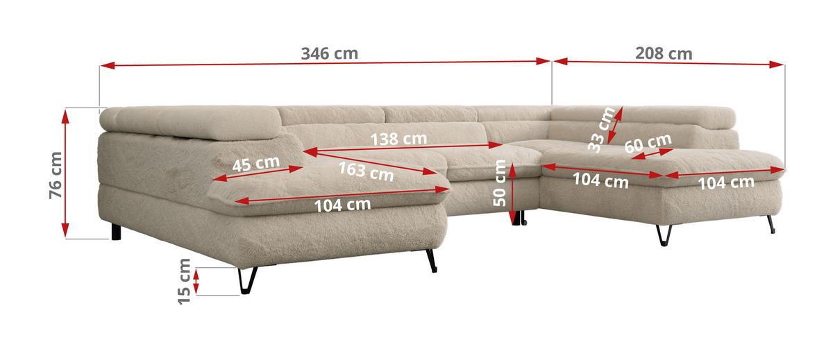 WOHNLANDSCHAFT PEDRO U Plüsch Ecru - Ecru/Schwarz, Textil/Metall (346/76/208cm) - MKS