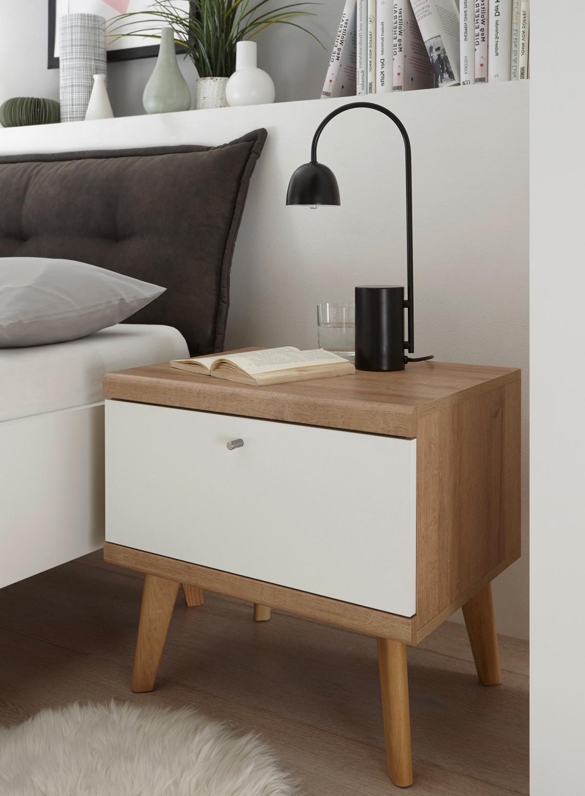NACHTTISCH weiß, Eiche Riviera, Nachtkommode skandinavisch, 54 x 50 cm - Eichefarben/Weiß, Holz/Holzwerkstoff (40/50/54cm) - Furn.Design