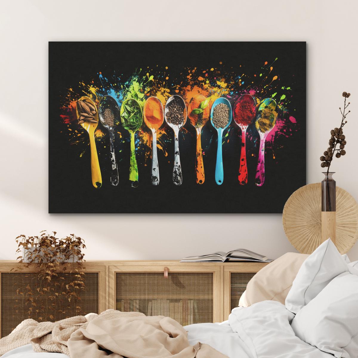 AKUSTIKBILD Löffel - Gewürze - Modern - Graffiti - Farbe - Farbenfroh Wandbild Wohnzimmer 100x70 cm - Multicolor, Textil (100/70/0.9cm) - MuchoWow