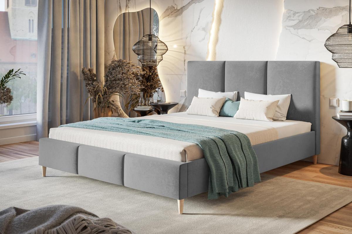 POLSTERBETT LUX Siena mit Kopfteil, 120 x 200 cm, Doppelbett mit Lattenrost aus Holz, Velourstoff Grau, Füße in Farbe: Braun - Grau, Holz/Textil (120/200cm) - Alpi-Möbel