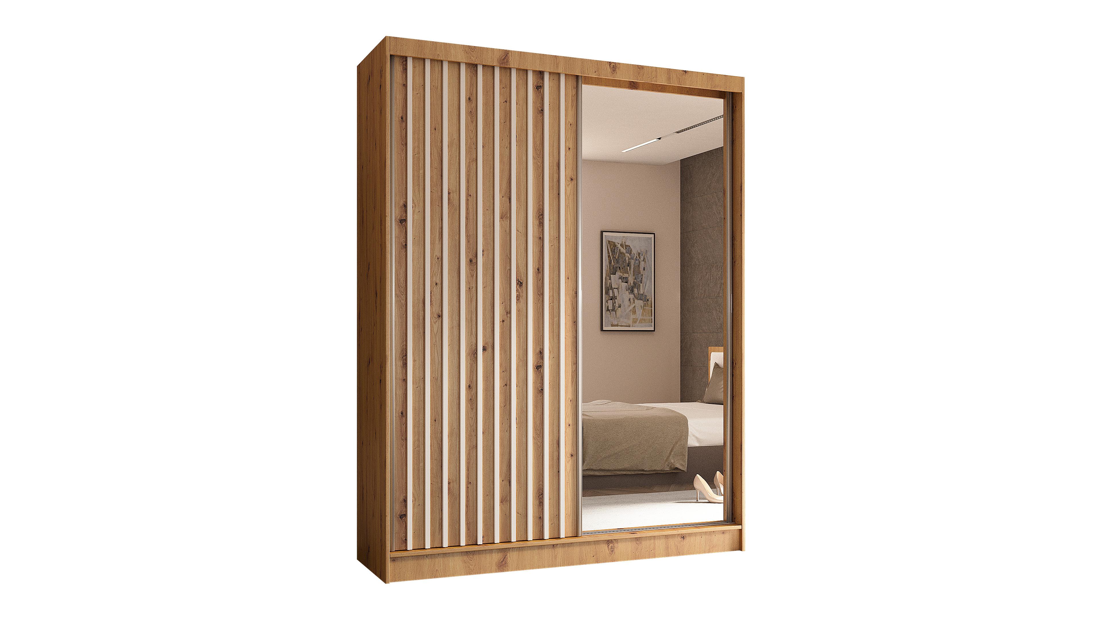 KLEIDERSCHRANK mit Spiegel-Schiebetüren und Aluminium-Leisten - LAMELO - 160 cm Artisan+Artisan+Weiß - Eiche Artisan/Weiß, Holzwerkstoff (160/216/61cm) - ALTDECOR