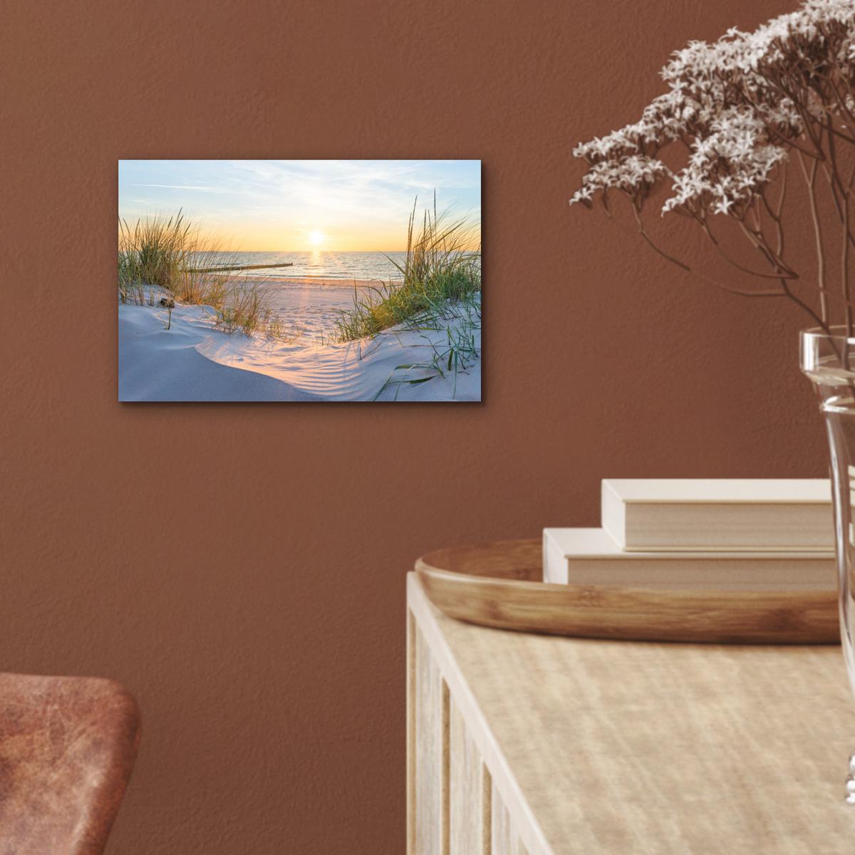 METALLBILD Strand - Sonne - Düne - Gras - Sand - Horizont 30x20 cm - Hellblau, Metall (30/20cm) - MuchoWow