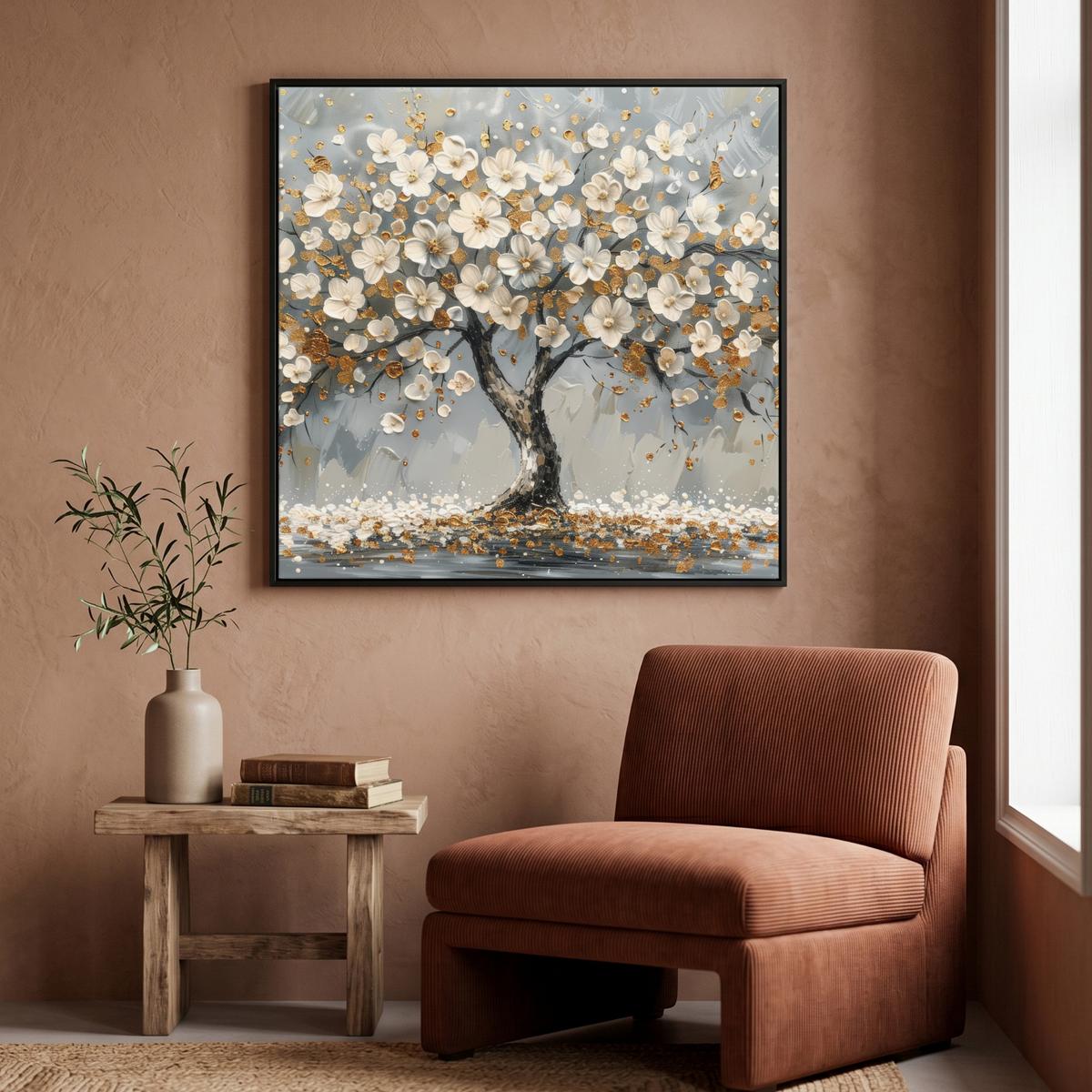 LEINWAND Bilder mit Rahmen - Baum - Blumen - Weiß - Natur - Kunst - 90x90 - Weiß, Textil (90/90cm) - MuchoWow