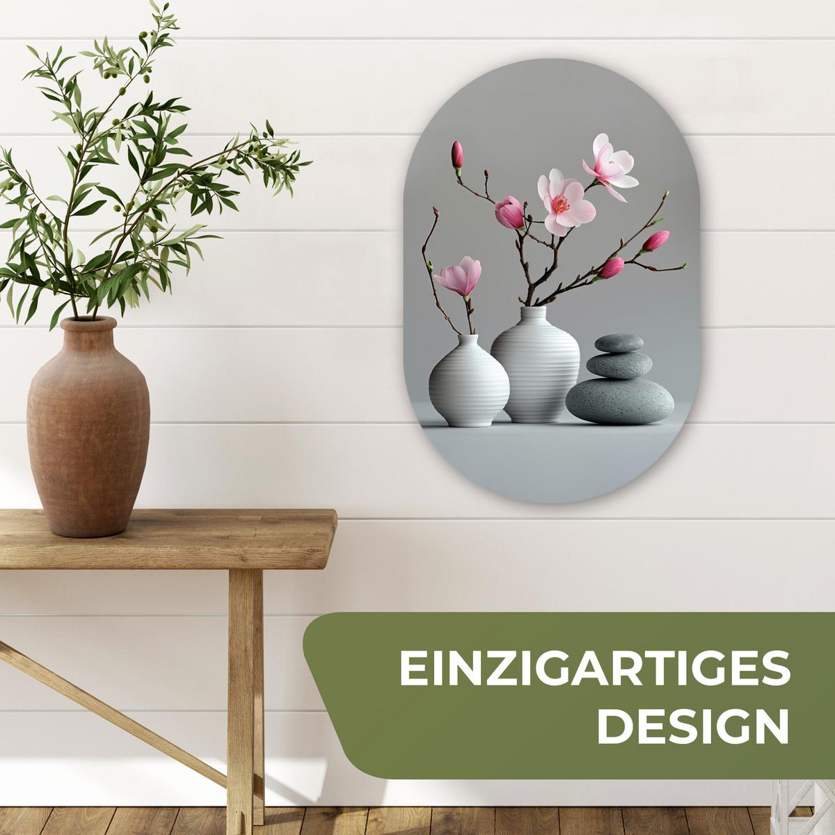 WANDBILD Magnolie - Blumen - Rosa - Zen-Steine Deko Wohnzimmer 40x60 cm - Hellgrau, Kunststoff (40/60cm) - MuchoWow