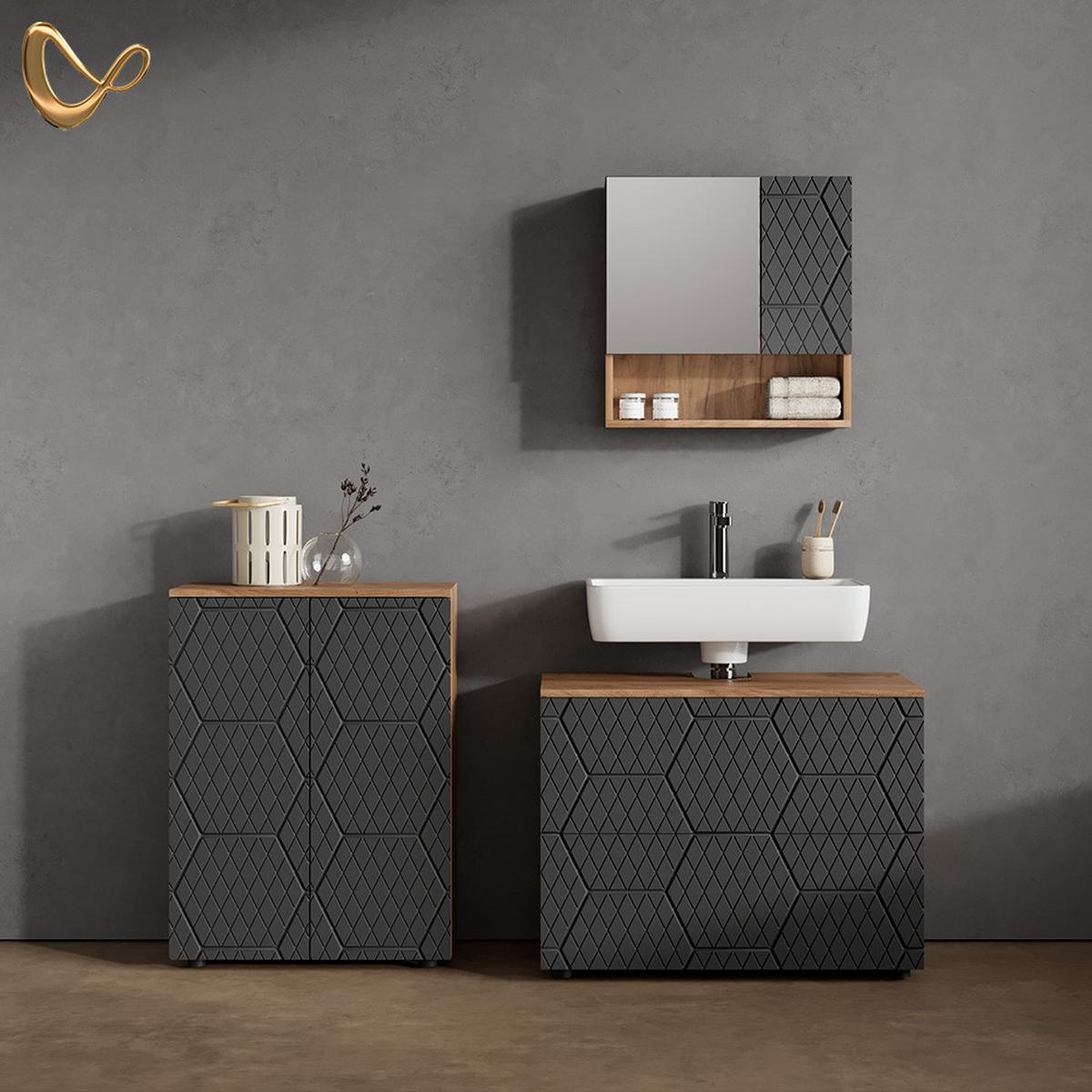 BADMÖBEL-SET Ronco Anthrazit mit Wabenstruktur 3 Teile, mit Unterschrank 80 cm - Anthrazit, Holzwerkstoff (80/58/41cm) - Livinity®