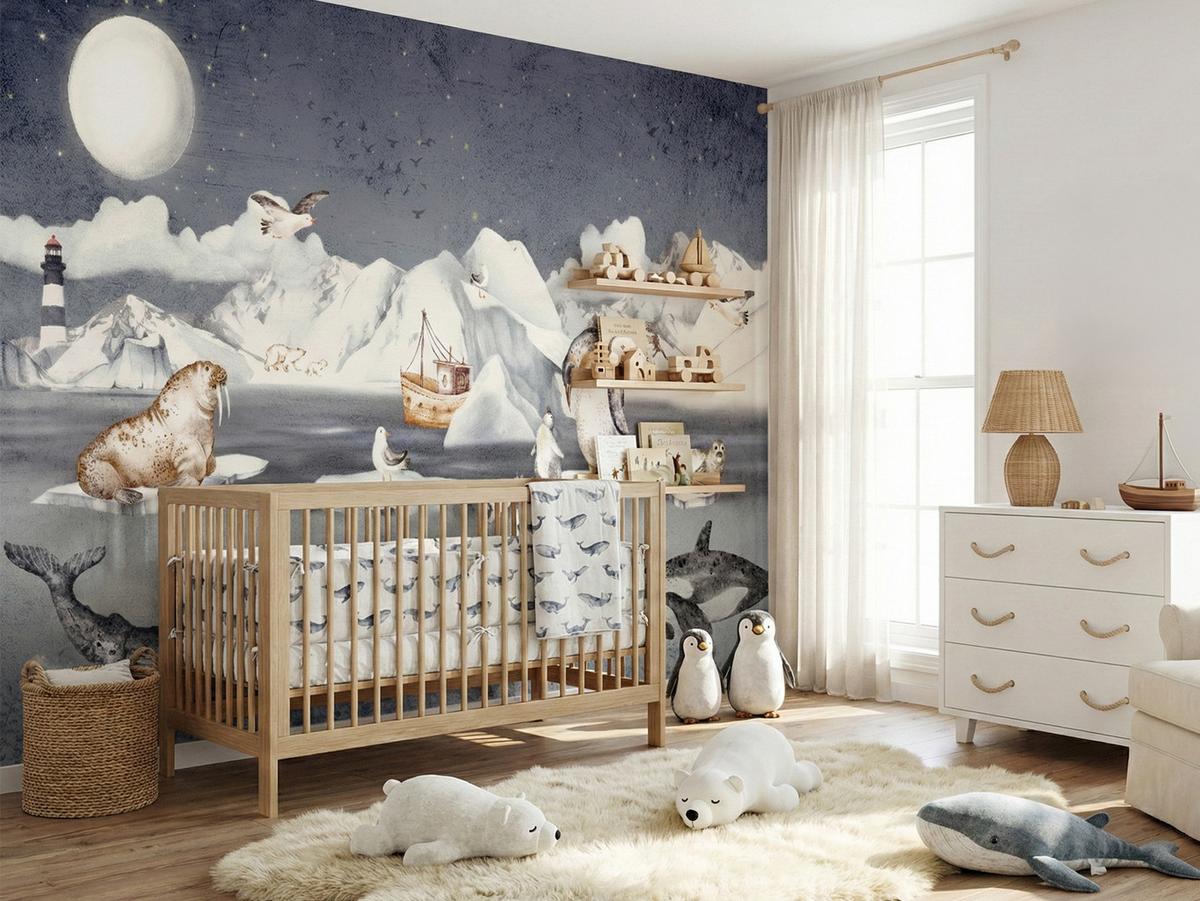 FOTOTAPETE für Kinderzimmer Arktische Tiere Pinguine Robben Mond Gebirge 500x350 - Orange/Weiß, Papier (500/350cm) - Muralo