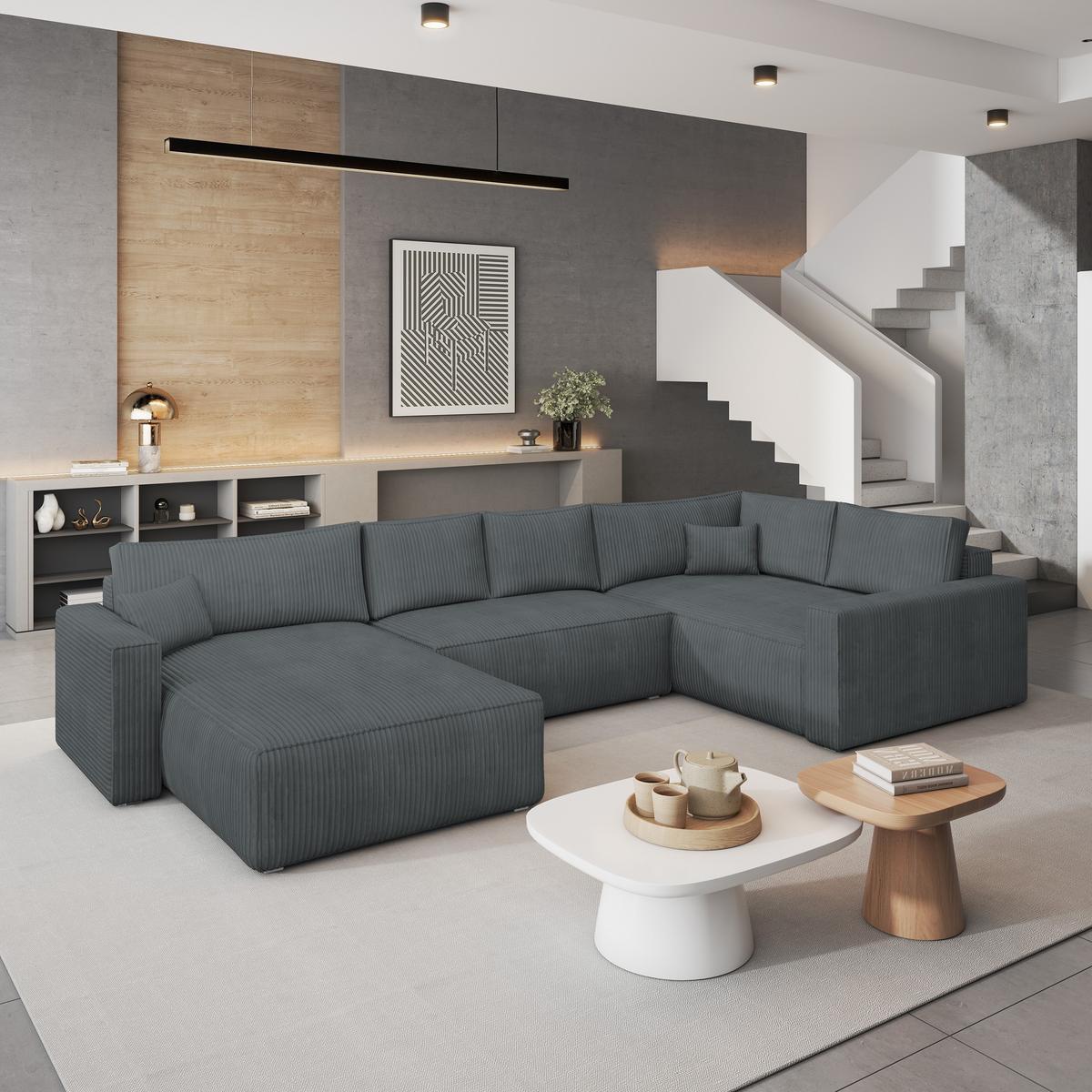 WOHNLANDSCHAFT VELAMI R-S Grau Kordstoff mit Schlaffunktion - Grau, Holz (365/83/194cm) - MASSENO