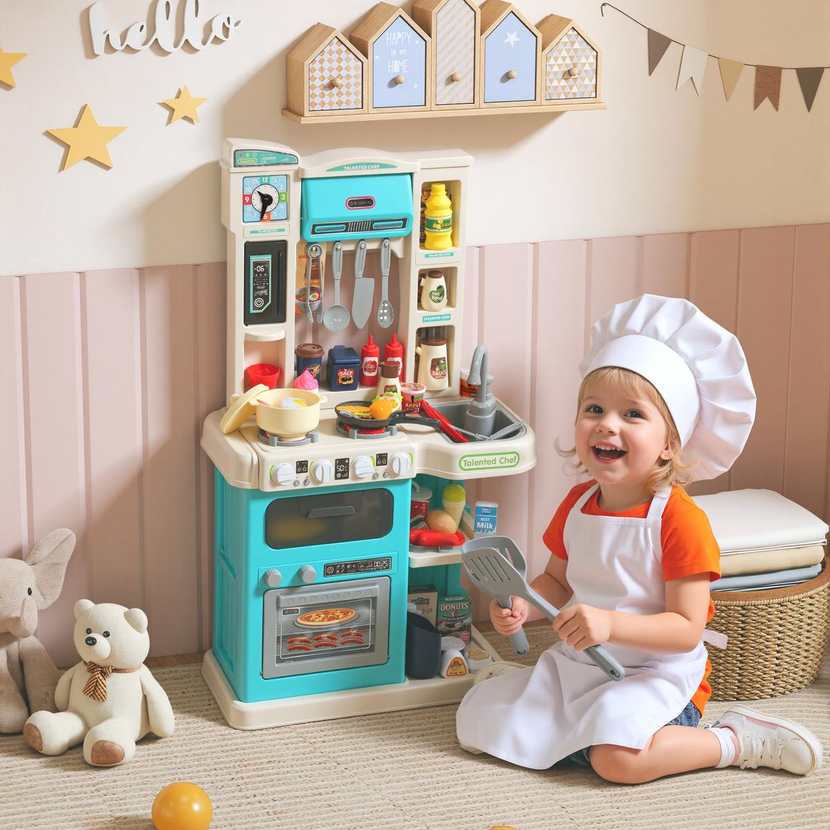 KINDERKÜCHE Spielküche mit Ofen Spüle Licht-und Soundfunktion und Zubehör - Grün, Kunststoff (24/44.5cm) - AIYAPLAY