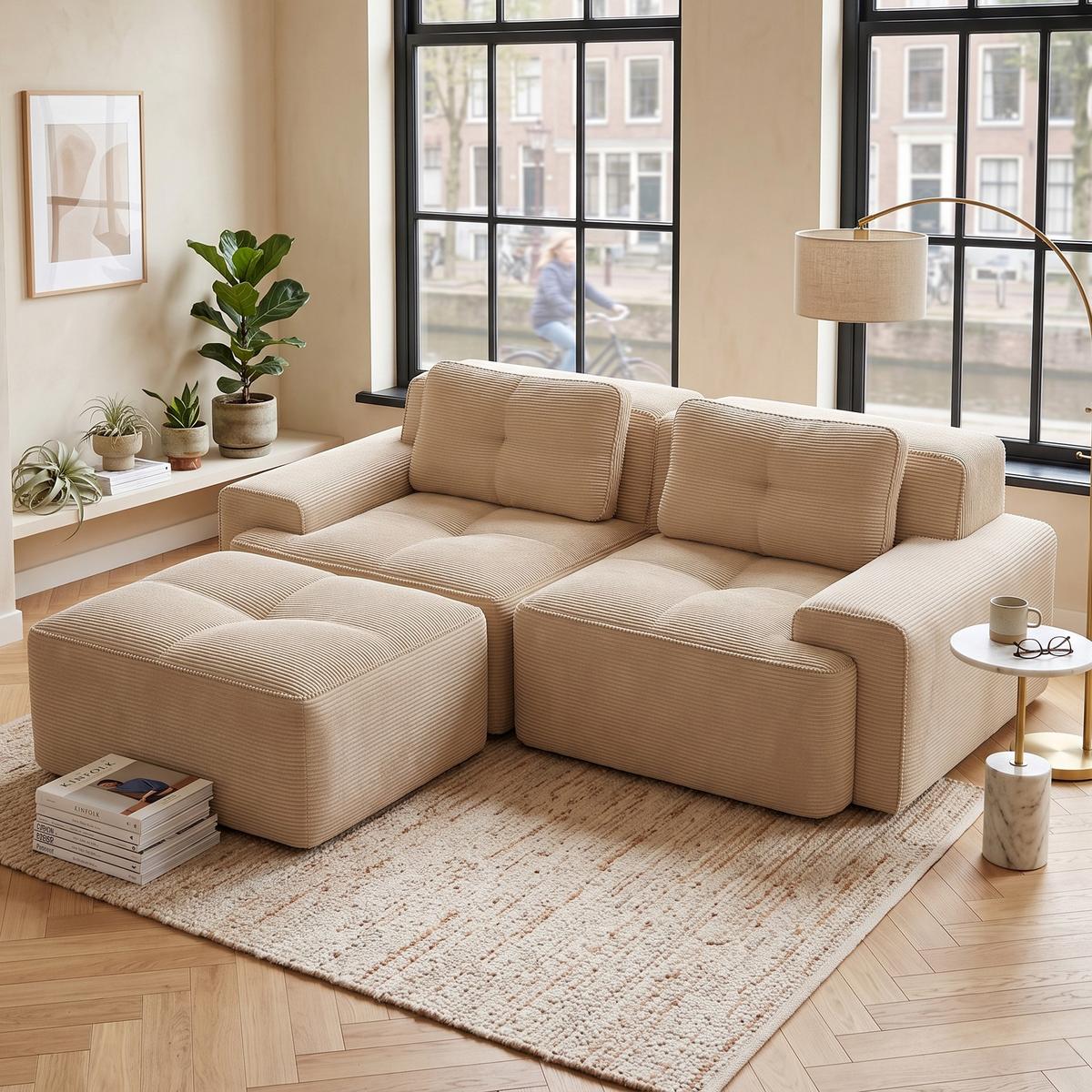 ECKSOFA Modulares Boneless Cord Sofa 2-Sitzer - Beige, Textil (204/177cm) - Urban Meuble