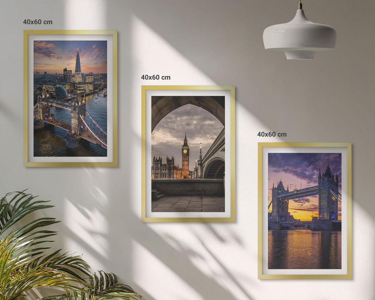 BILDER SET 3er Set - 40x60 cm Goldrahmen - Stadtbrücken, Uhrtürme - Goldfarben, Kunststoff (40/60cm) - TULUP
