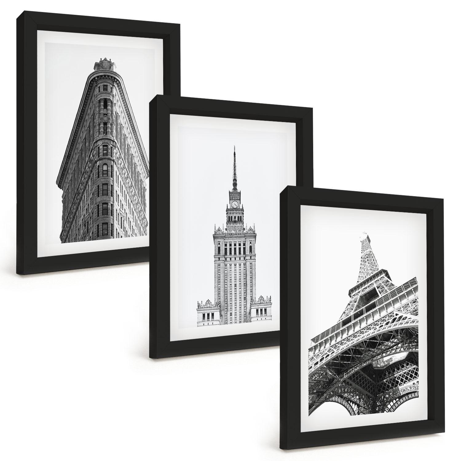 BILDER SET 3er Set - 20x30 cm Schwarzer Rahmen - Architektonische Schwarz-Weiß-Gebäude - Schwarz, Kunststoff (20/30cm) - TULUP