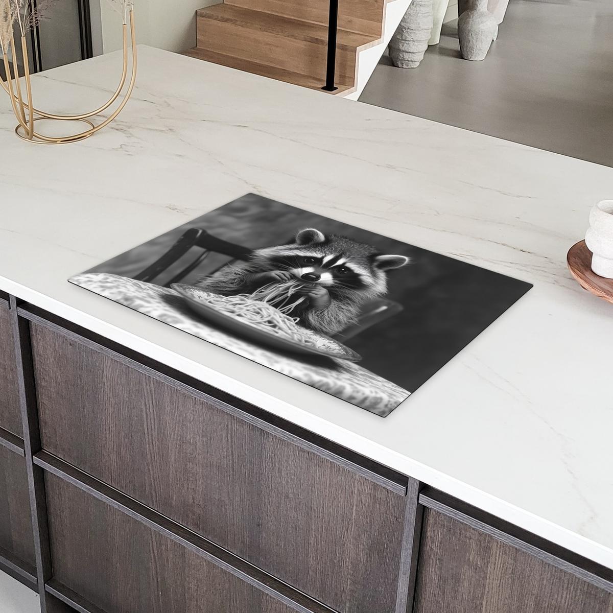 HERDABDECKPLATTE Waschbär - Niedlich - Pasta - Tischtuch - Schwarz - Weiß Ceranfeldabdeckung 76x51.5 cm - Grau, Kunststoff (76/51.5/0.2cm) - MuchoWow