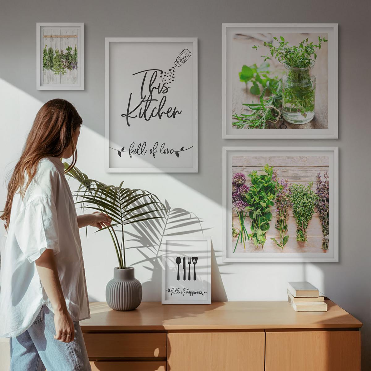 BILDER SET 5er Set - 50x50 cm & 20x30 cm & 40x60 cm Weißer Rahmen - Kräuterpflanzen zum Trocknen in der Küche - Weiß, Kunststoff (40/60cm) - TULUP