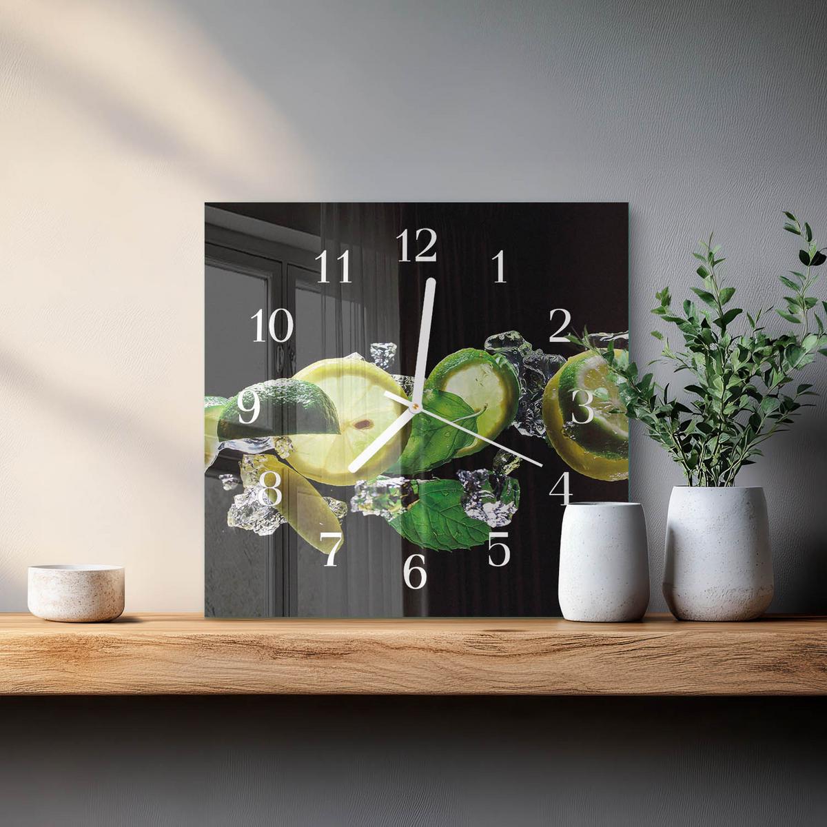 WANDUHR aus Glas 30x30 cm - Zitrone und Limette - Grün, Glas (30/30/0.4cm) - TULUP
