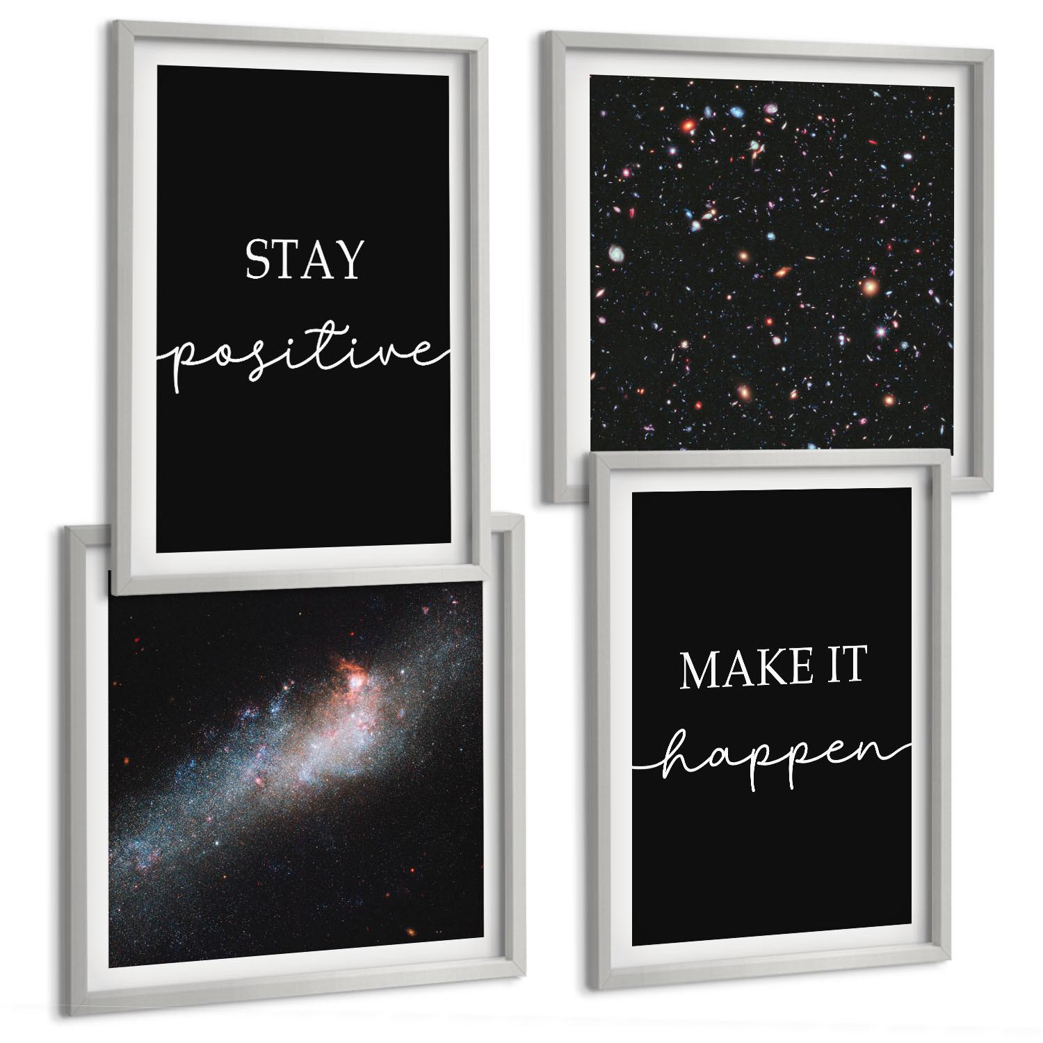 BILDER SET 4er Set - 50x50 cm & 40x60 cm Silberner Rahmen - Motivationsslogans Sterne Weltraum - Silberfarben, Kunststoff (50/50cm) - TULUP