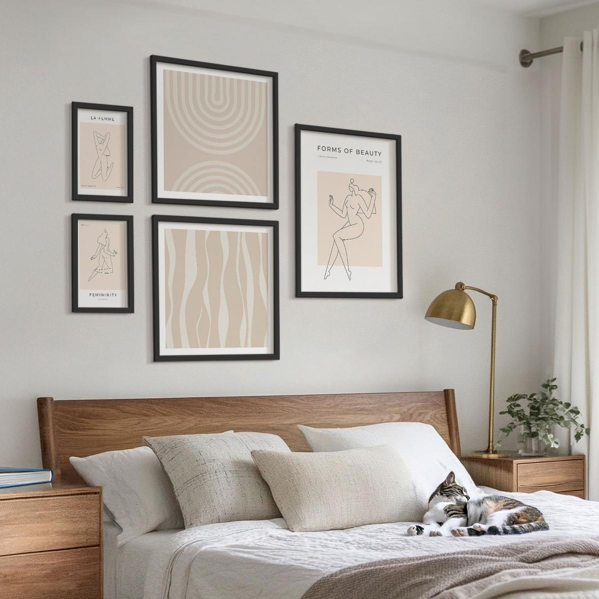 BILDER SET 5er Set - 50x50 cm & 20x30 cm & 40x60 cm Schwarzer Rahmen - Eine Sammlung minimalistischer Formen - Schwarz, Kunststoff (40/60cm) - TULUP