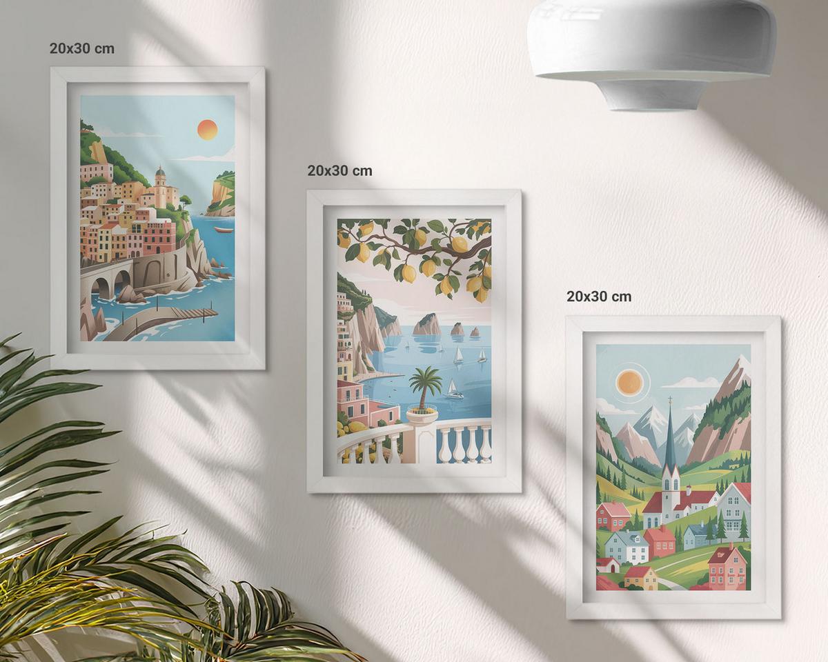 BILDER SET 3er Set - 20x30 cm Weißer Rahmen - Landschaften, Meer, Zitrusfrüchte - Weiß, Kunststoff (20/30cm) - TULUP