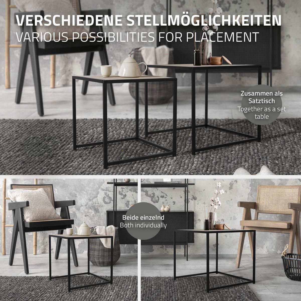 BEISTELLTISCH 2er Set 40x40x40 cm / 50x50x45 cm Schwarz-Eichenoptik aus Metall - Schwarz/Braun, Metall (50/50/45cm) - ML-DESIGN