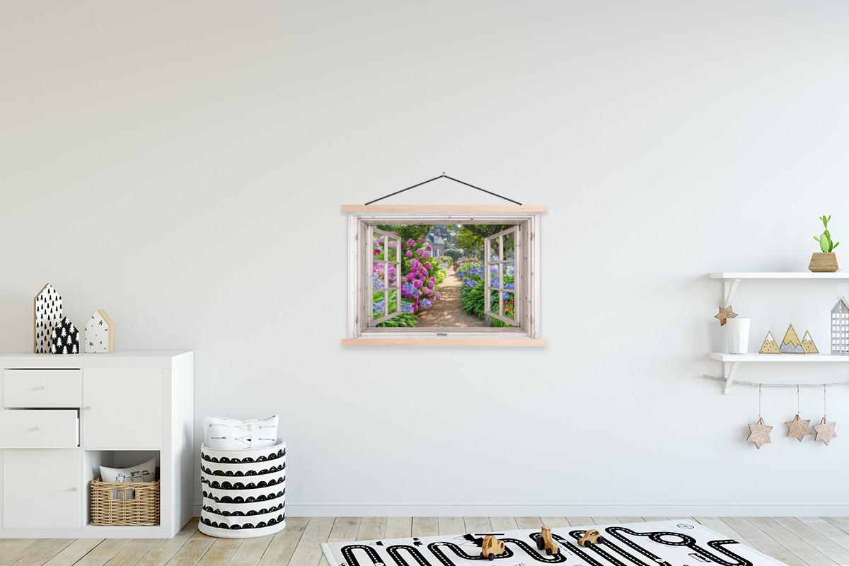 POSTER MIT MAGNETLEISTEN Hortensie - Durchsichtig - Blumen - Sommer - Lila - Weg Wanddeko 90x60 cm - Lila, Textil (90/60/0.15cm) - MuchoWow