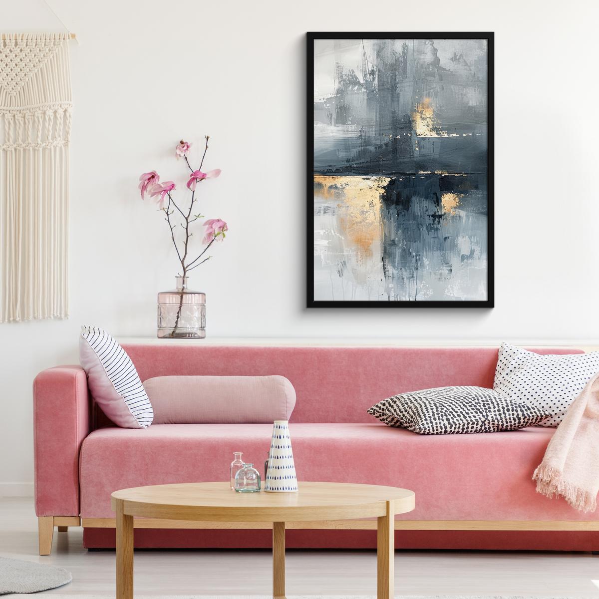 POSTER MIT RAHMENGERAHMTES BILD Kunst - Grau - Gold - Abstrakt 60x90 cm - Dunkelgrau, Papier (60/90cm) - MuchoWow