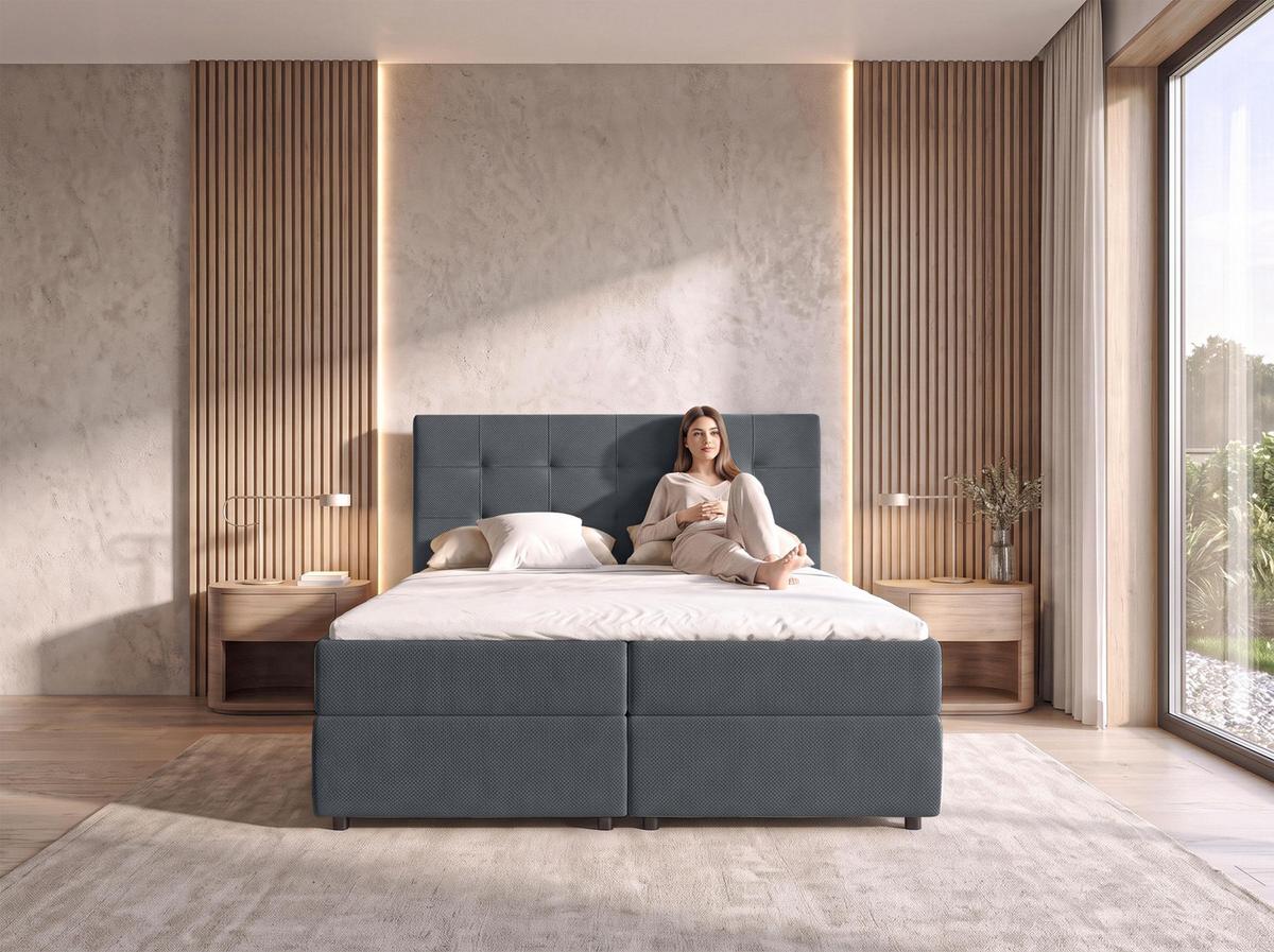 BOXBETT SAKARYA 140x200 cm mit Bettkasten und Matratze - Dunkelgrau + TOPPER - Dunkelgrau/Schwarz, Holz/Holzwerkstoff (140/200cm) - AX Living
