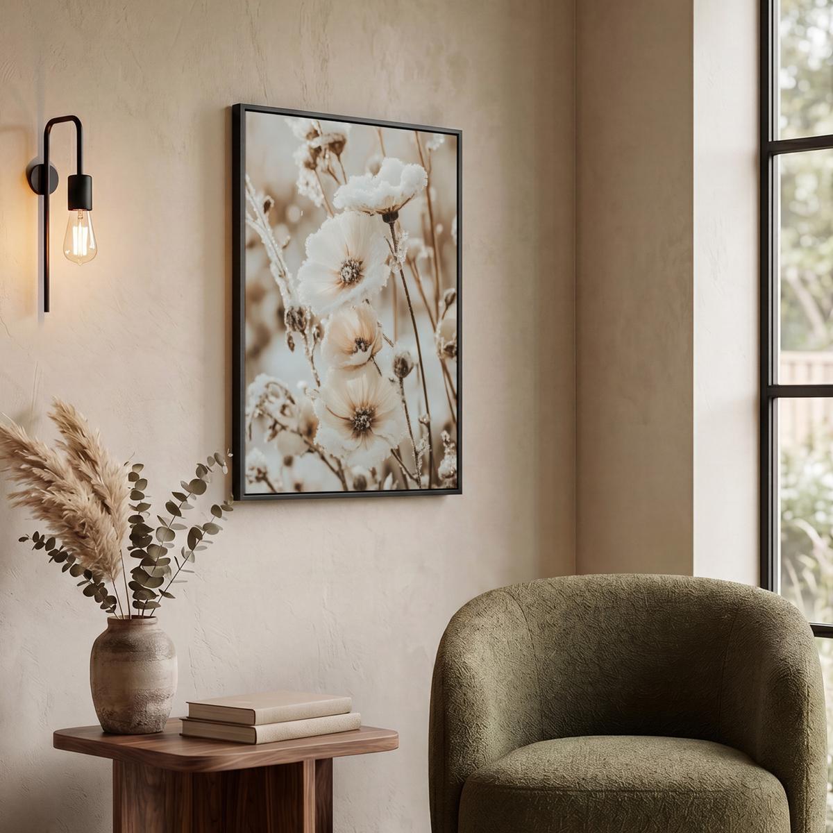 LEINWAND Bilder mit Rahmen - Blumen - Winter - Weiß - Schnee - Beige - 60x80 - Creme, Textil (60/80cm) - MuchoWow