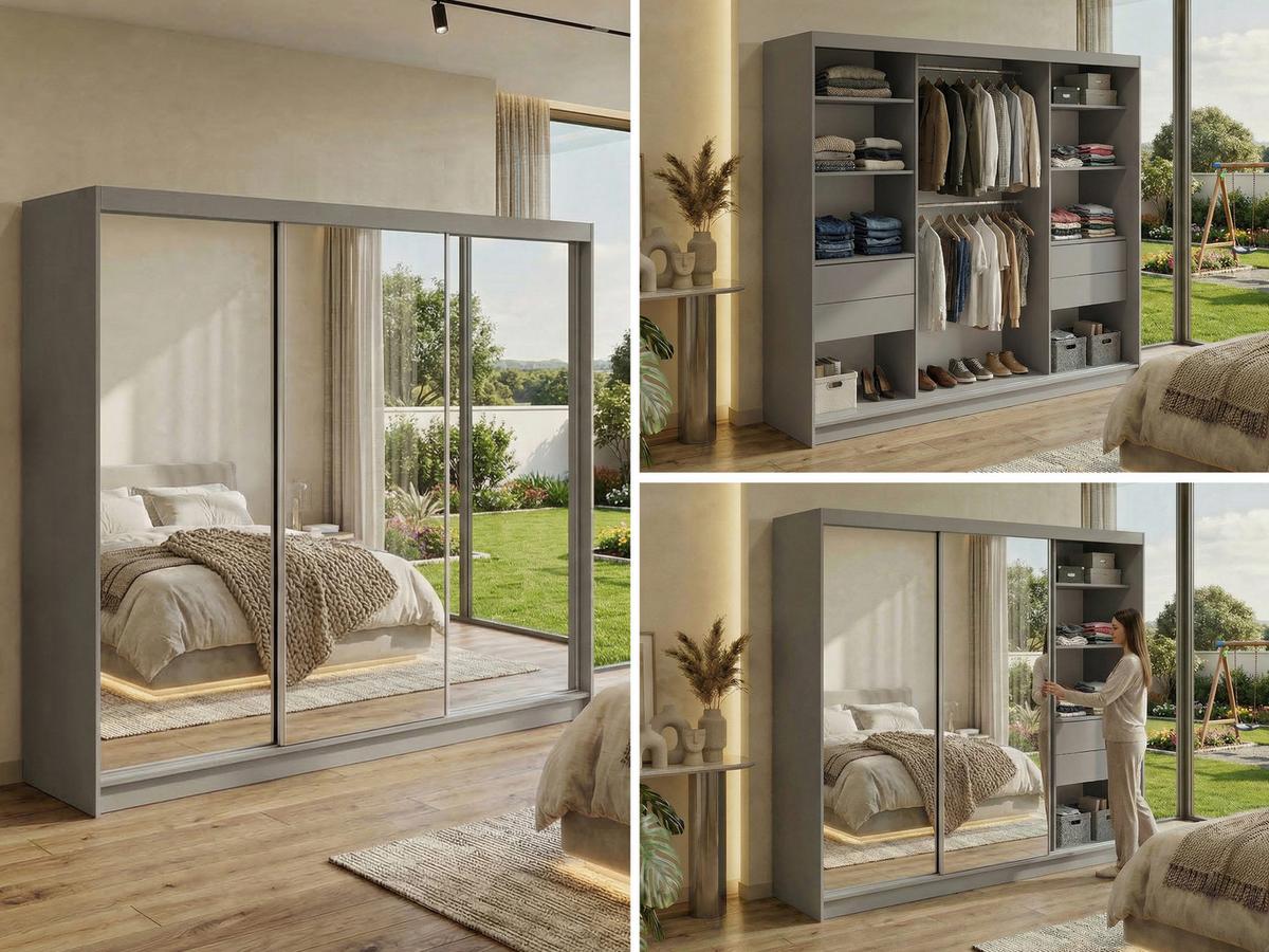 SCHWEBETÜRENSCHRANK mit Schubladen 240 - DUBROWNIK - Grau mit Spiegel - Alufarben/Grau, Holzwerkstoff/Metall (240/216/61cm) - MKS