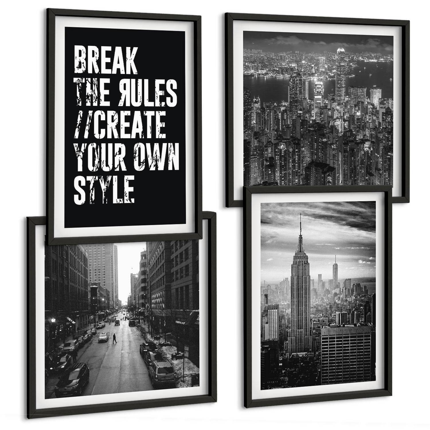 BILDER SET 4er Set - 50x50 cm & 40x60 cm Schwarzer Rahmen - Inspiration für Schwarz-Weiß-Darstellungen von Stadtstraßen - Schwarz, Kunststoff (50/50cm) - TULUP