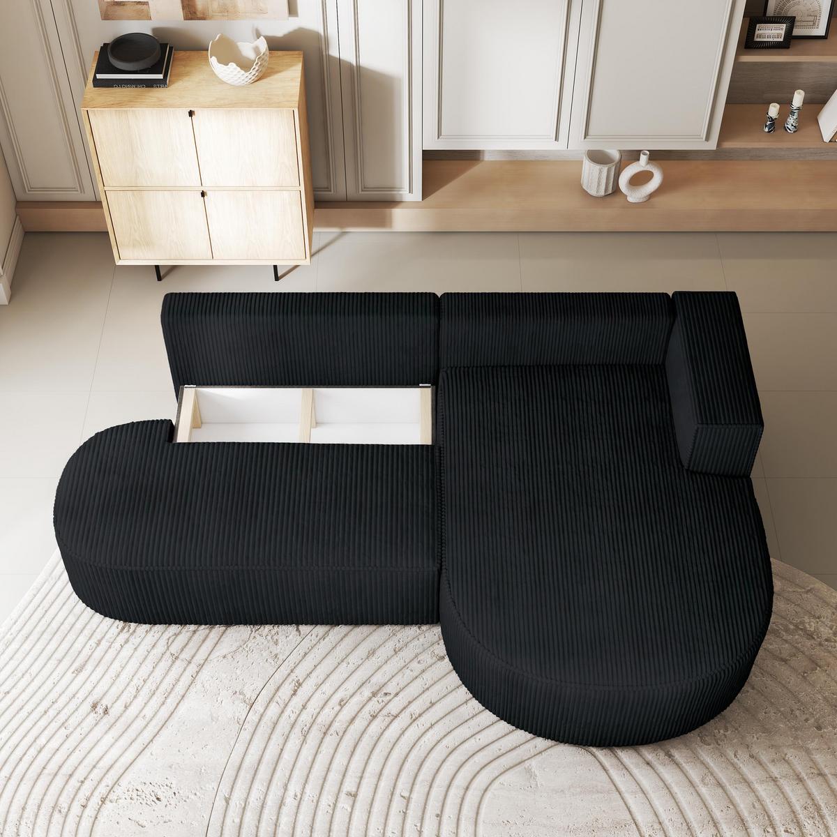 ECKSOFA CORTIO P R-S Schwarz Kordstoff mit Schlaffunktion - Schwarz, Holz (265/174cm) - MASSENO