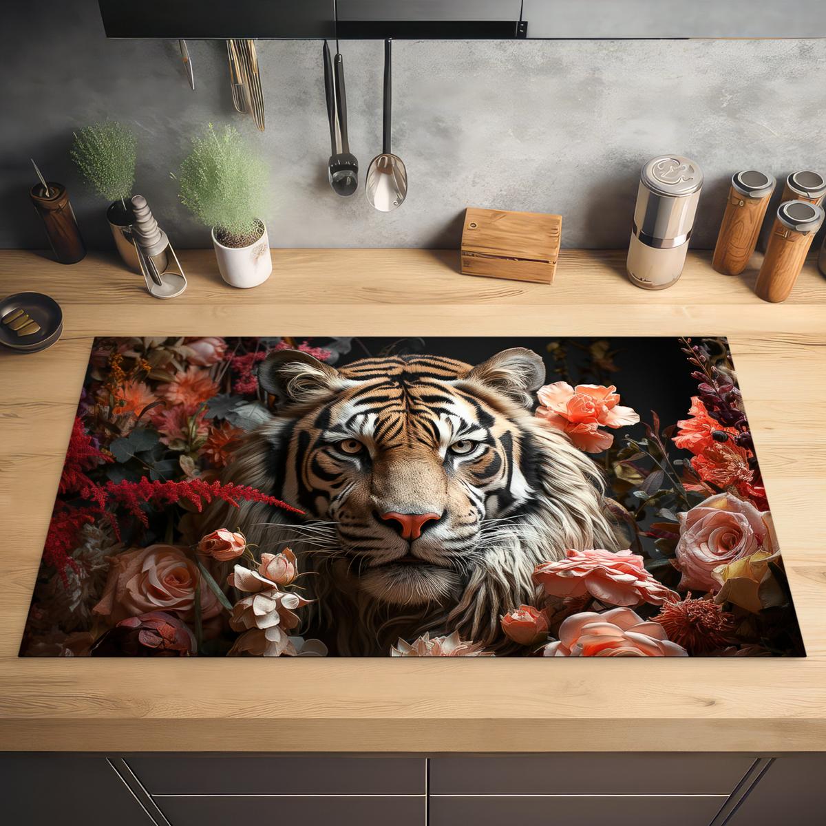 HERDABDECKPLATTE Tiger - Tier - Natur - Floral - Botanisch Ceranfeldabdeckung 90x52 cm - Orange, Kunststoff (90/52/0.2cm) - MuchoWow