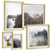 BILDER SET 5er Set - 50x50 cm & 20x30 cm & 40x60 cm Goldrahmen - Berglandschaft Nebel Hirsch - Goldfarben, Kunststoff (40/60cm) - TULUP
