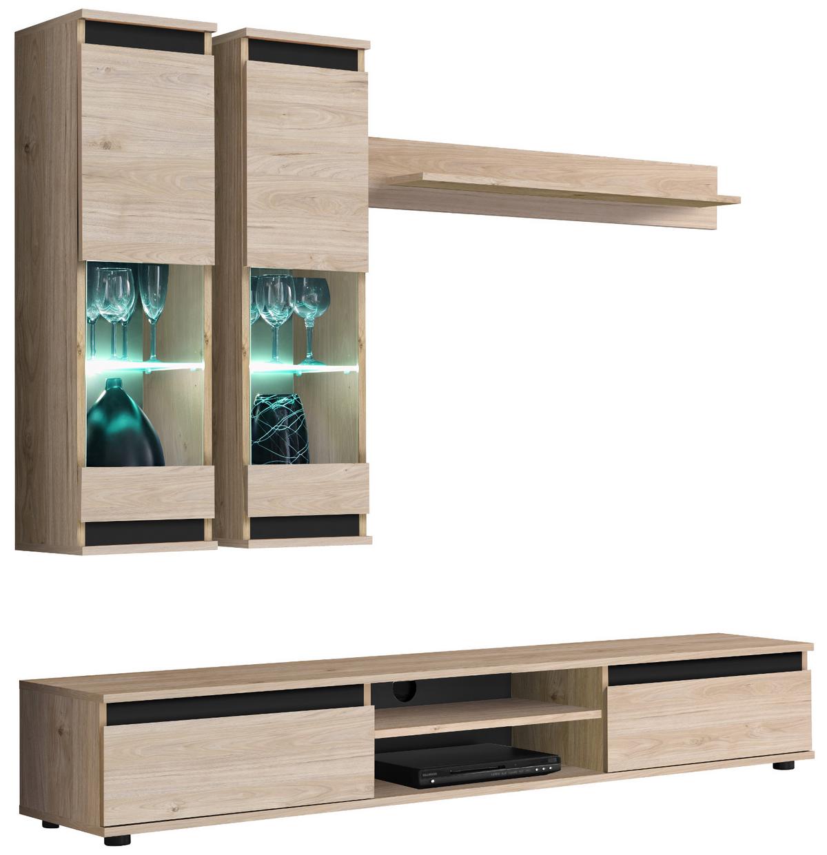 WOHNWAND Eiche Hickory, schwarz 4-teilig 175 cm, Schrankwand mit LED-Beleuchtung - Eichefarben/Schwarz, Glas/Holzwerkstoff (175/150/37cm) - Inn.Furn