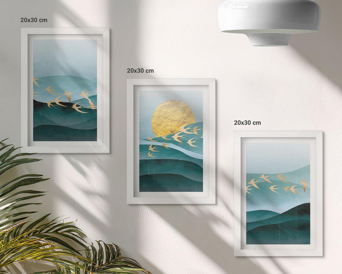 BILDER SET 3er Set - 20x30 cm Weißer Rahmen - Abstrakte Sonnenuntergangslandschaften - Weiß, Kunststoff (20/30cm) - TULUP