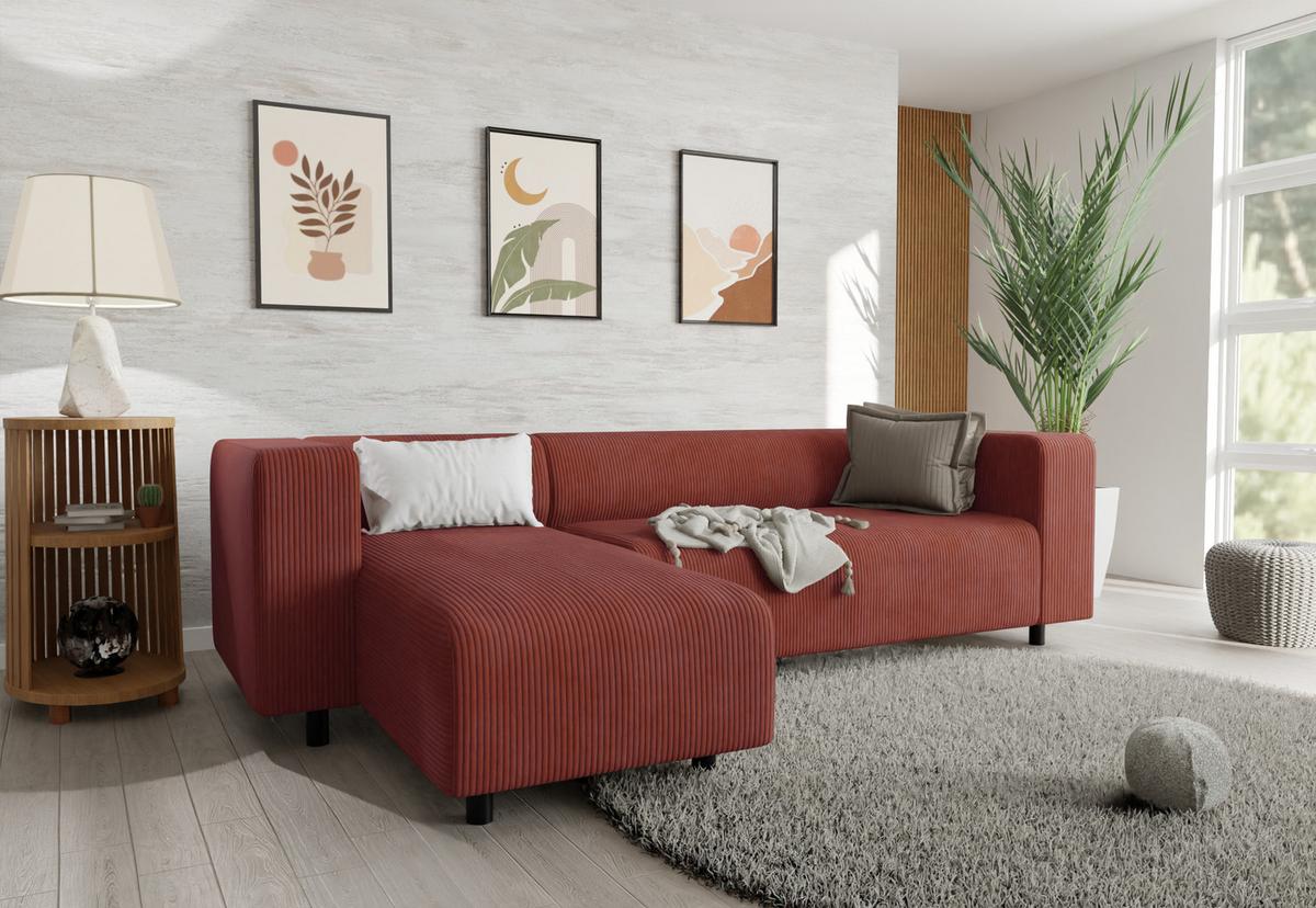ECKSOFA Tove Terrakotta Cord - Ottomane links - Terracotta/Schwarz, Holz/Kunststoff (240/142cm) - S-Style Möbel