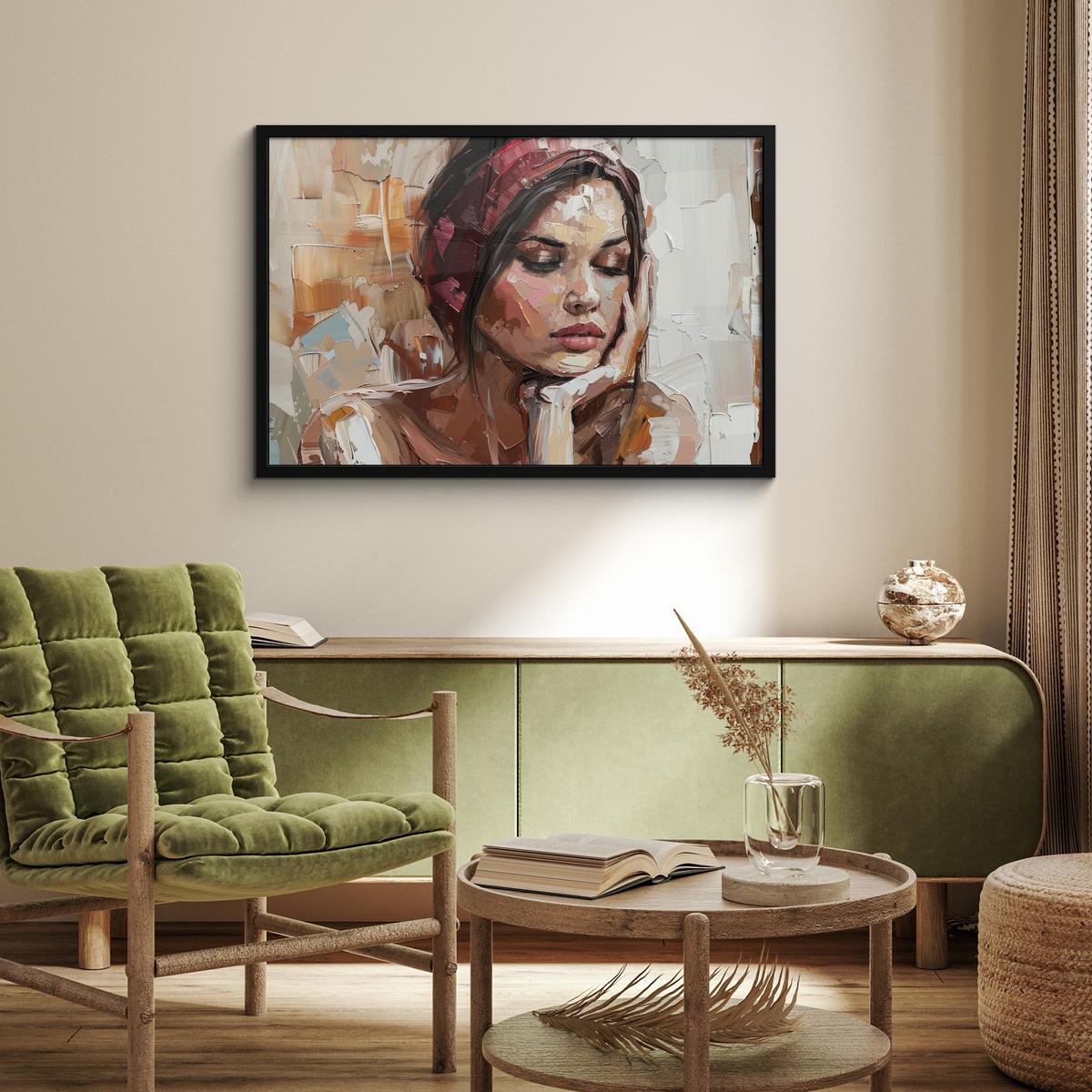 POSTER MIT RAHMENGERAHMTES BILD Frau - Lackierung - Porträt - Modern 90x60 cm - Altrosa, Papier (90/60cm) - MuchoWow