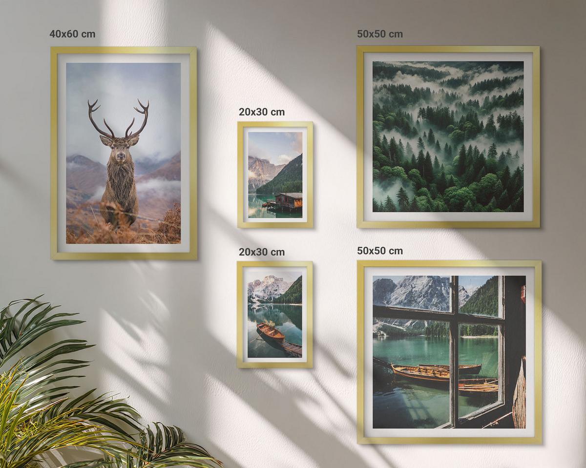 BILDER SET 5er Set - 50x50 cm & 20x30 cm & 40x60 cm Goldrahmen - Nebel auf dem Bergsee, Bootsfahrten, Nebel - Goldfarben, Kunststoff (40/60cm) - TULUP