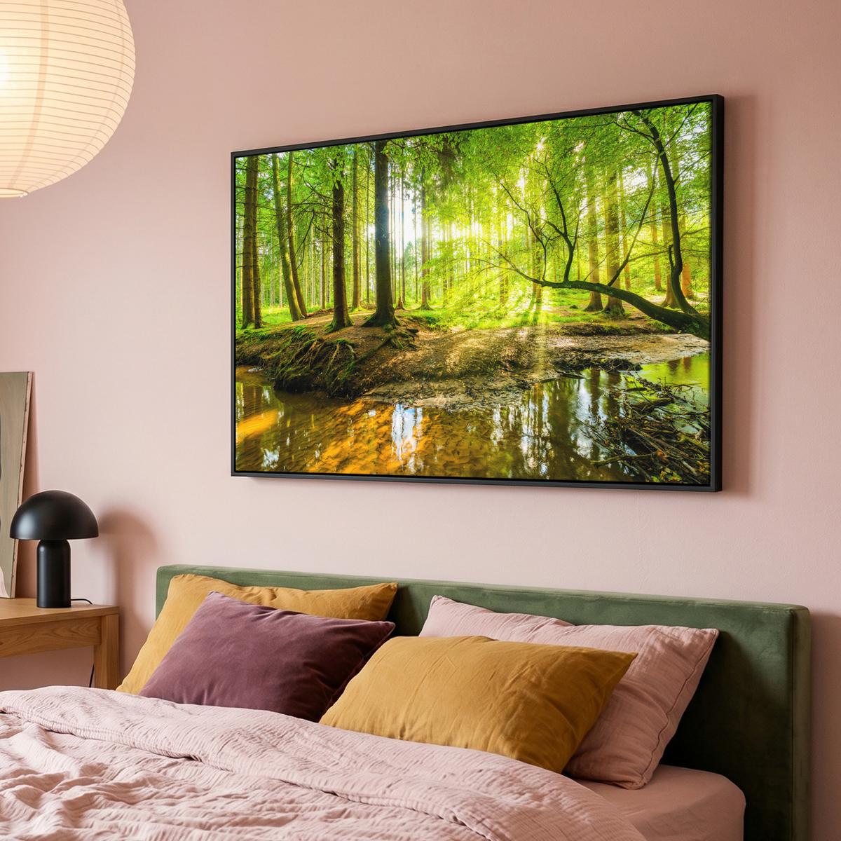 LEINWAND Bilder mit Rahmen - Wald - Landschaft - Wasser - Bäume - Sonne - Grün - Natur - 140x90 - Grün, Textil (140/90cm) - MuchoWow