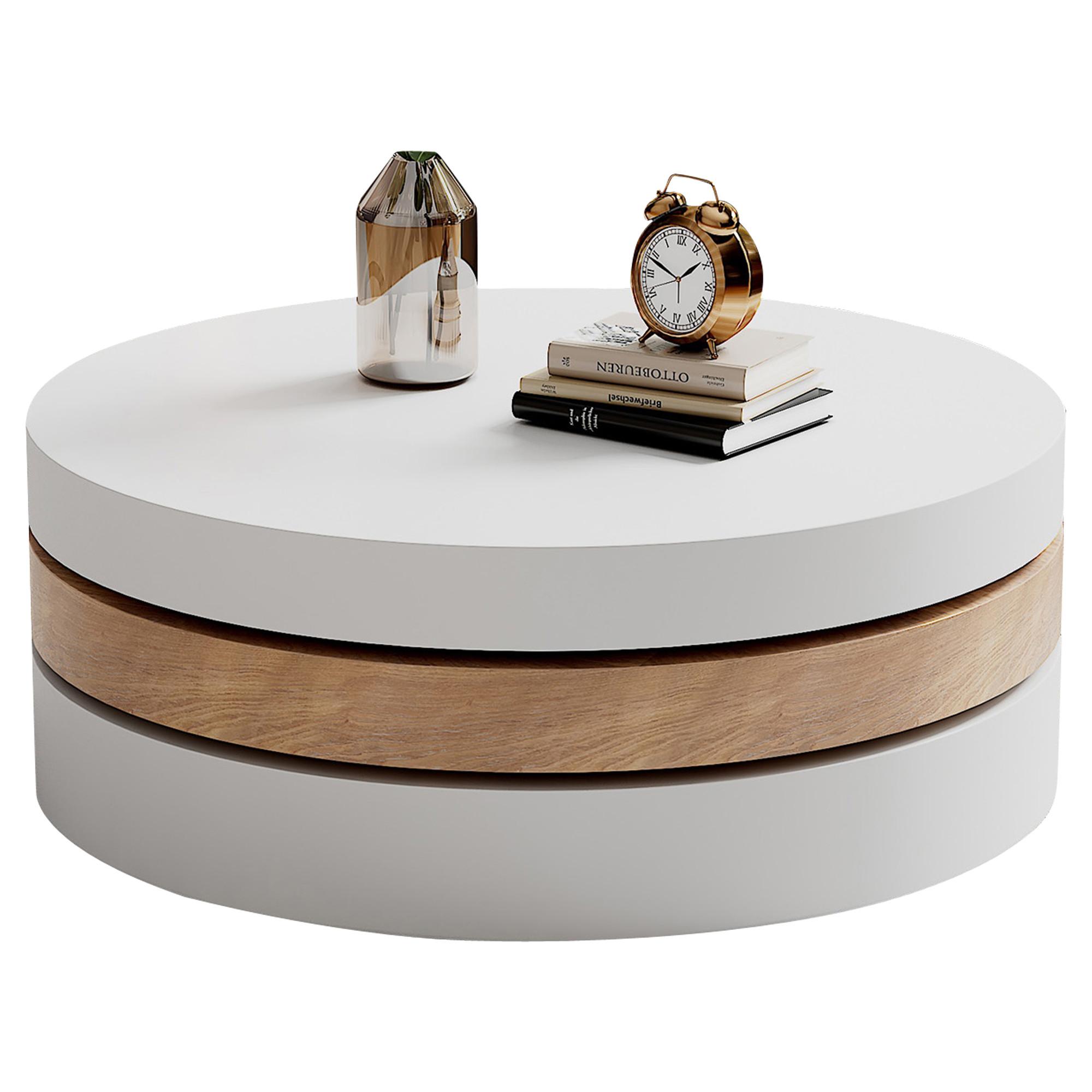 COUCHTISCH Zylindrisch Weiß & Natur 360° Drehbar mit Stauraum - Naturfarben, Holzwerkstoff (60/60/35.1cm) - Urban Meuble