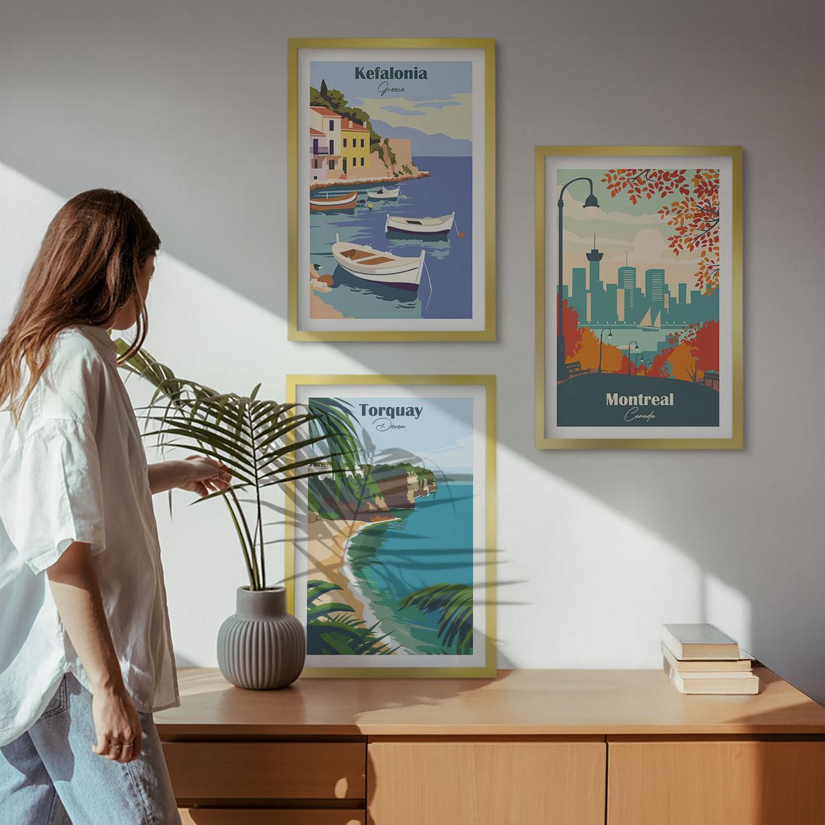 BILDER SET 3er Set - 40x60 cm Goldrahmen - Stadtansichten aus Griechenland, Kanada und Australien - Goldfarben, Kunststoff (40/60cm) - TULUP