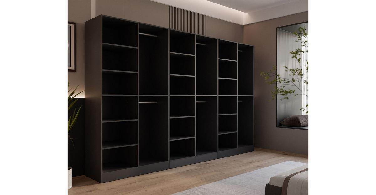 KLEIDERSCHRANK SANDBOX MODERN 300 303/49/200 cm Schwarzer Graphit / Schwarzer Graphit + Schwarzes Glas mit LED 12 Zusatzböden - Schwarz, Holzwerkstoff/Kunststoff (303/200/49cm) - Lookway